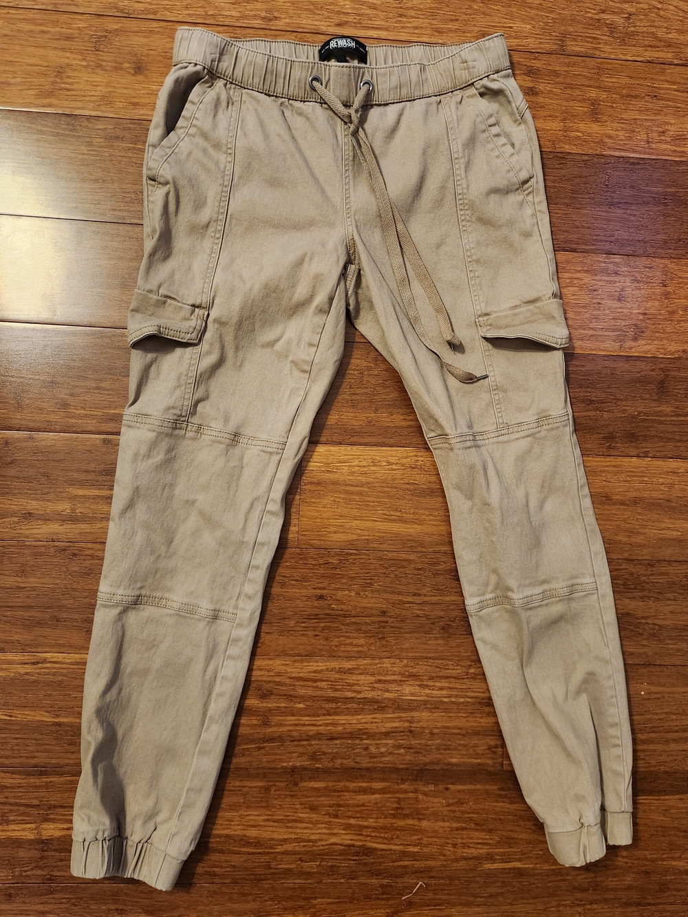 Rewash Women's Tan Khaki Cargo Jogger Drawstring Pants, Medium